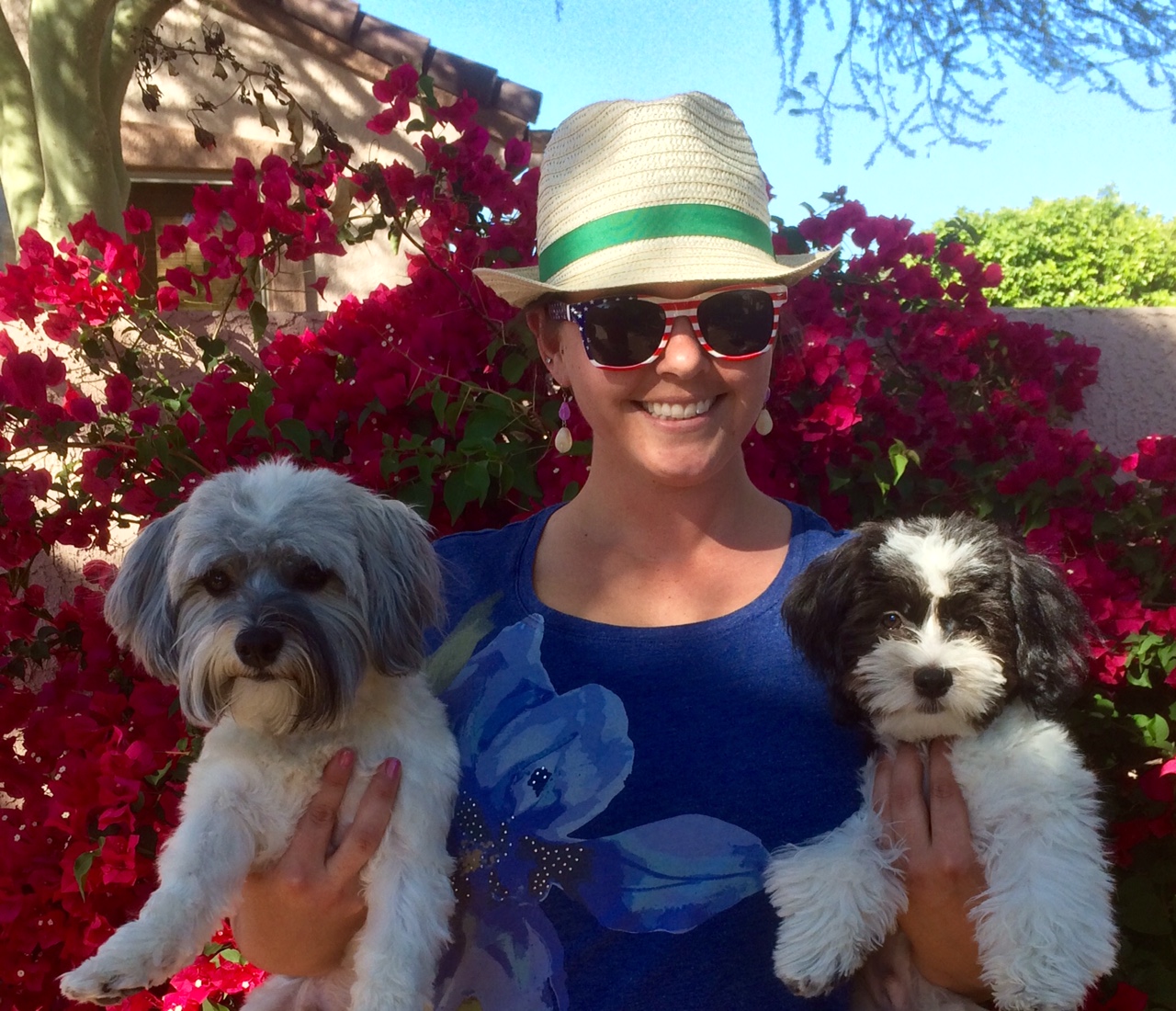 a person with sunglasses and a hat on holding two dogs in each of her hands